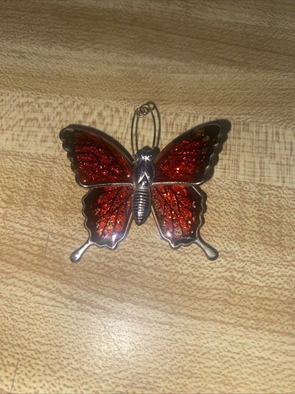 VINTAGE 60s 70s Figural Butterfly Pin Brooch Enamel Metal Red Gold Tone